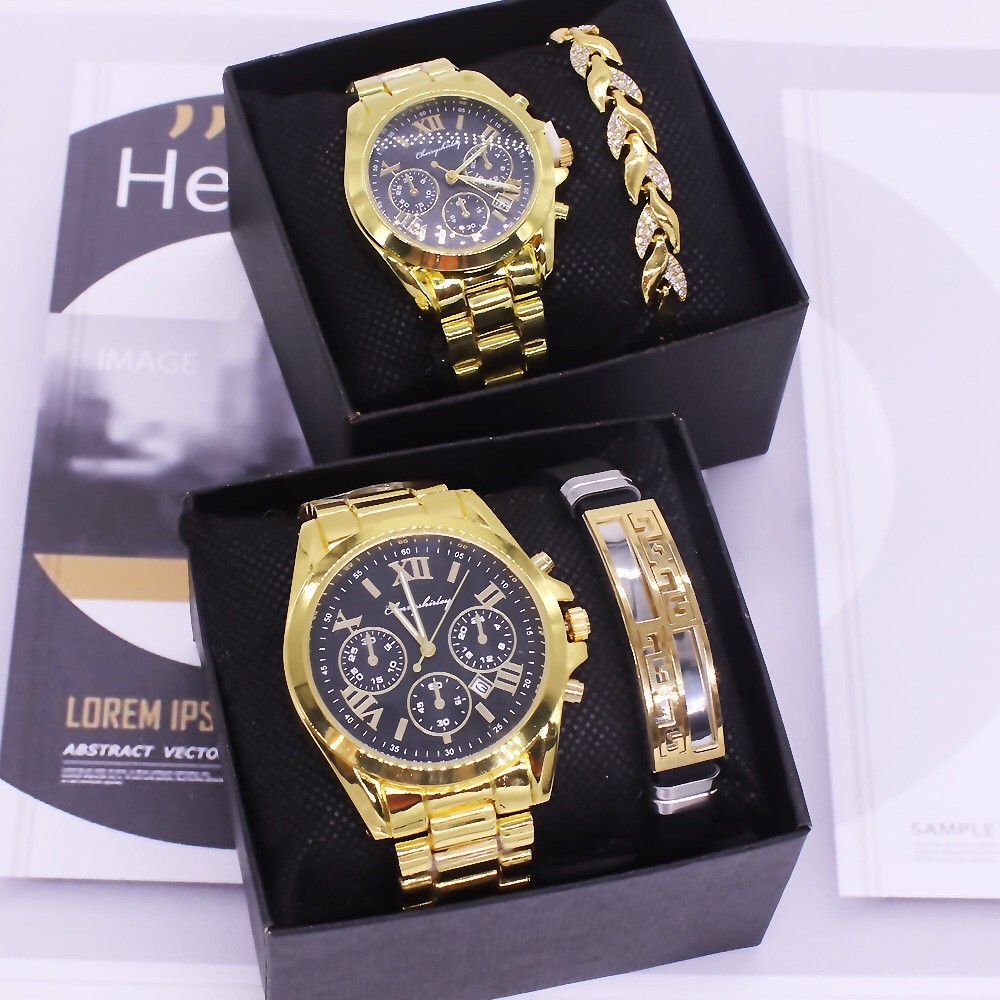 1PC LOVERS ORIGINAL BLACK FACED GOLD CHAIN WRIST WATCH (MALE & FEMALE DESIGNS AVAILABLE)