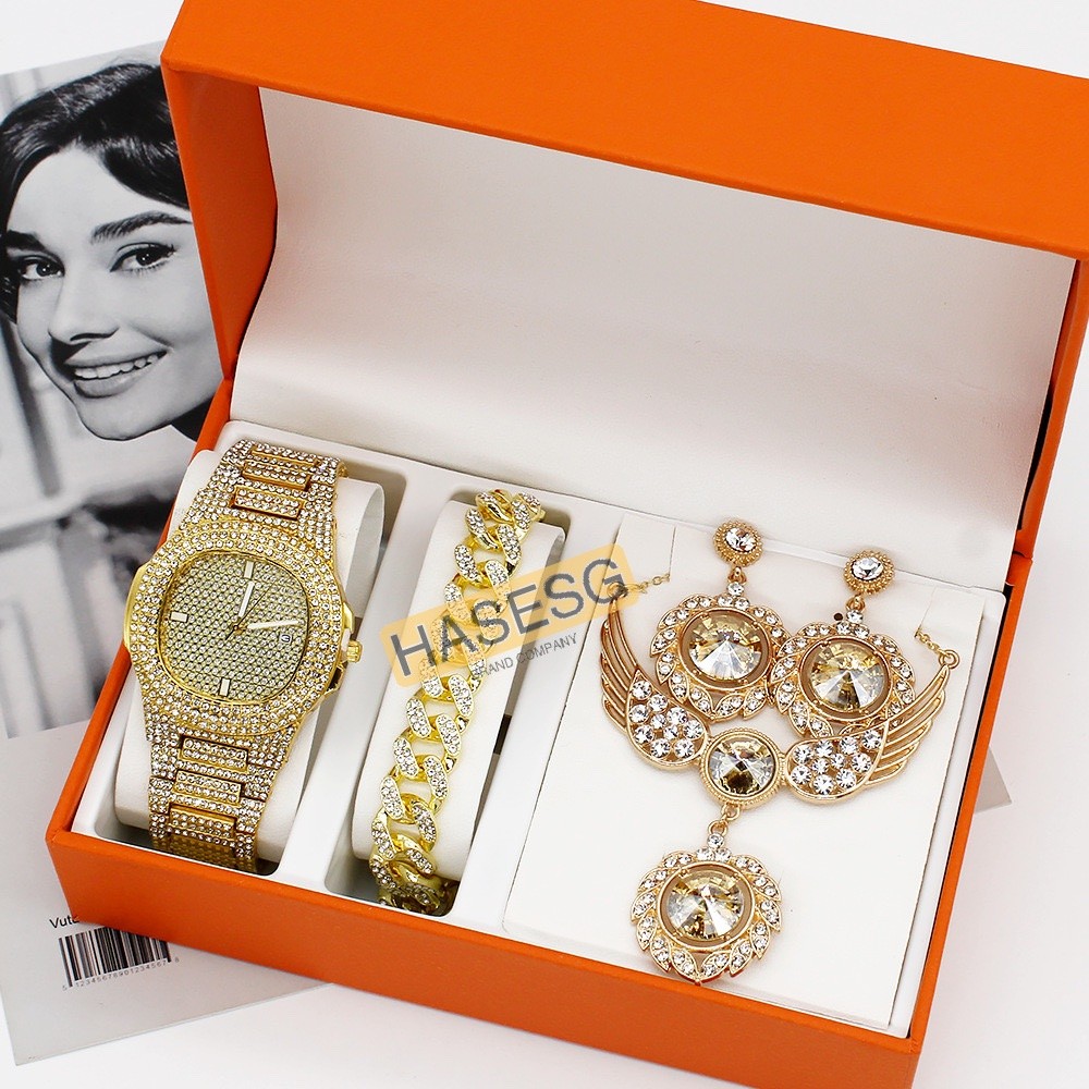 HABESG LUXURY CUBAN CHAIN RHINESTONE BLING 4PCS WOMEN GOLD WATCH SET (Gold Watch, Bracelet, Necklace & Earrings)