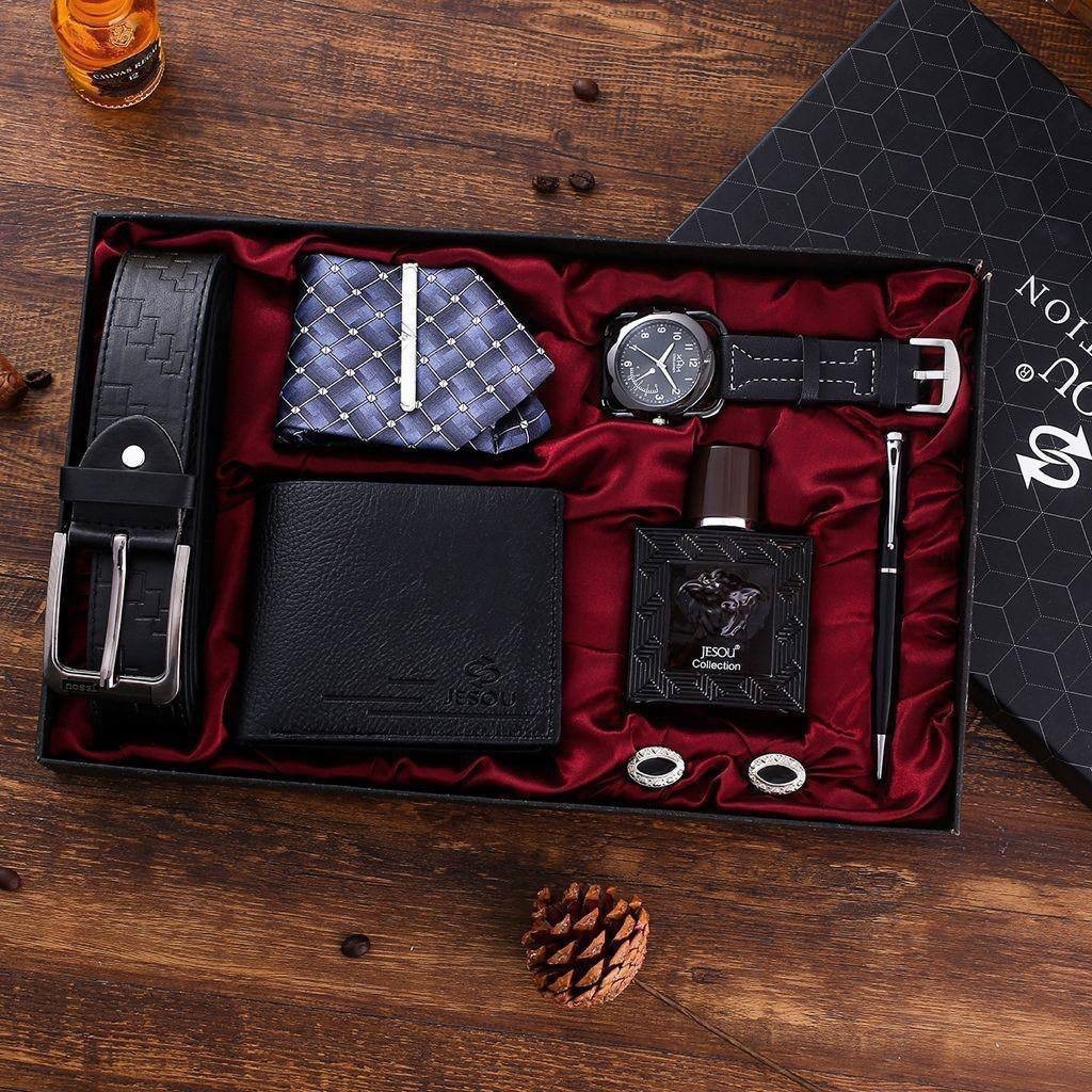 PERFECT MEN GIFT SET•••(QUALITY LEATHER BELT, WRISTWATCH, TIE WITH ADJUSTER, CUFLINKS, PERFUME, PEN, WALLET)
