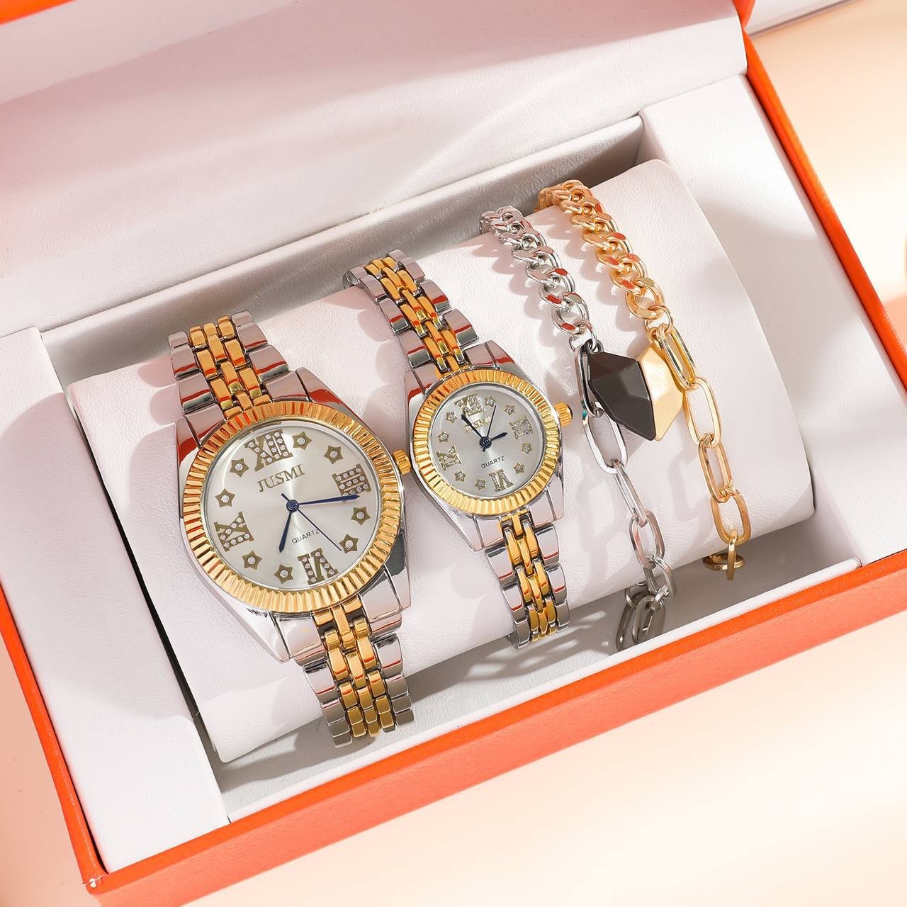 PHENOMENAL HYPOALLERGENIC MALE&FEMALE COMBO GIFT SET – GOLD/SILVER BLENDED STEEL WATCHES + GOLD & SILVER BRACELETS