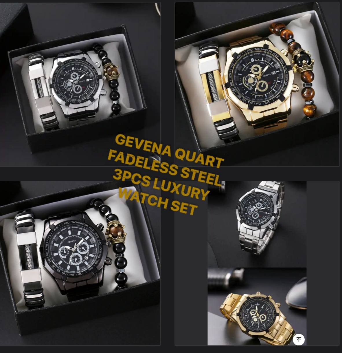 GENEVA QUARTZ FADELESS STEEL 3PCS LUXURY WRIST WATCH SET WITH BOX – WATCH, LEATHER & BEADED BRACELET