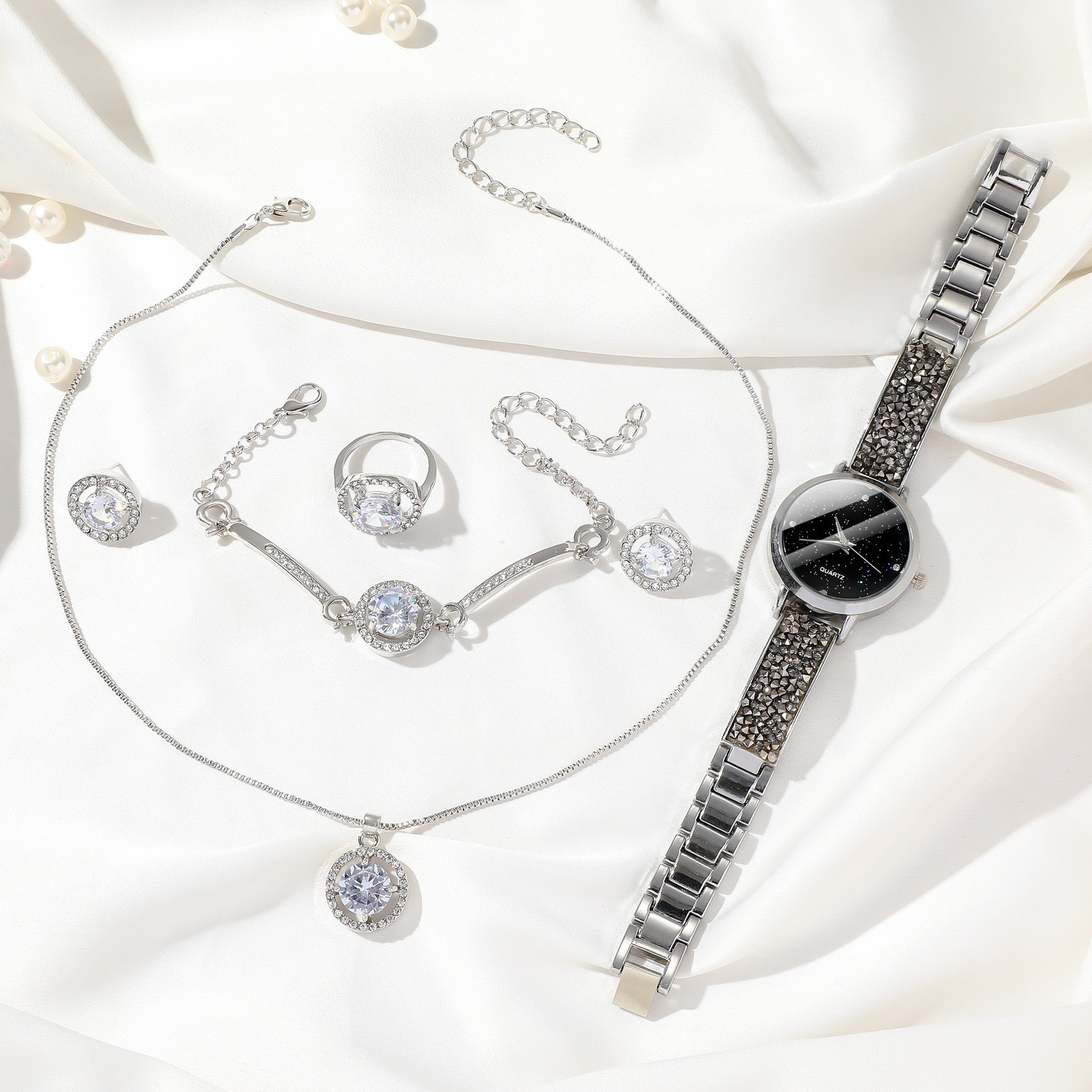 6PCS/SET GREALY FEMALE LUXURY STEEL JEWELRY COMBO WITH A FREE GIFT BOX (Necklace & Pendant, Earrings, Watch, Bracelet & Ring) ~ STYLE AABB